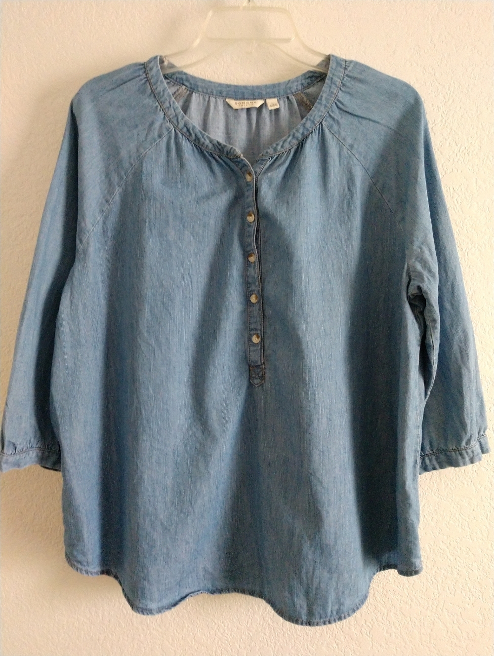 Cute Sonoma Women's Peasant Shirt Blue Chambray 3/4 Sleeve Size Large Chest 42"
